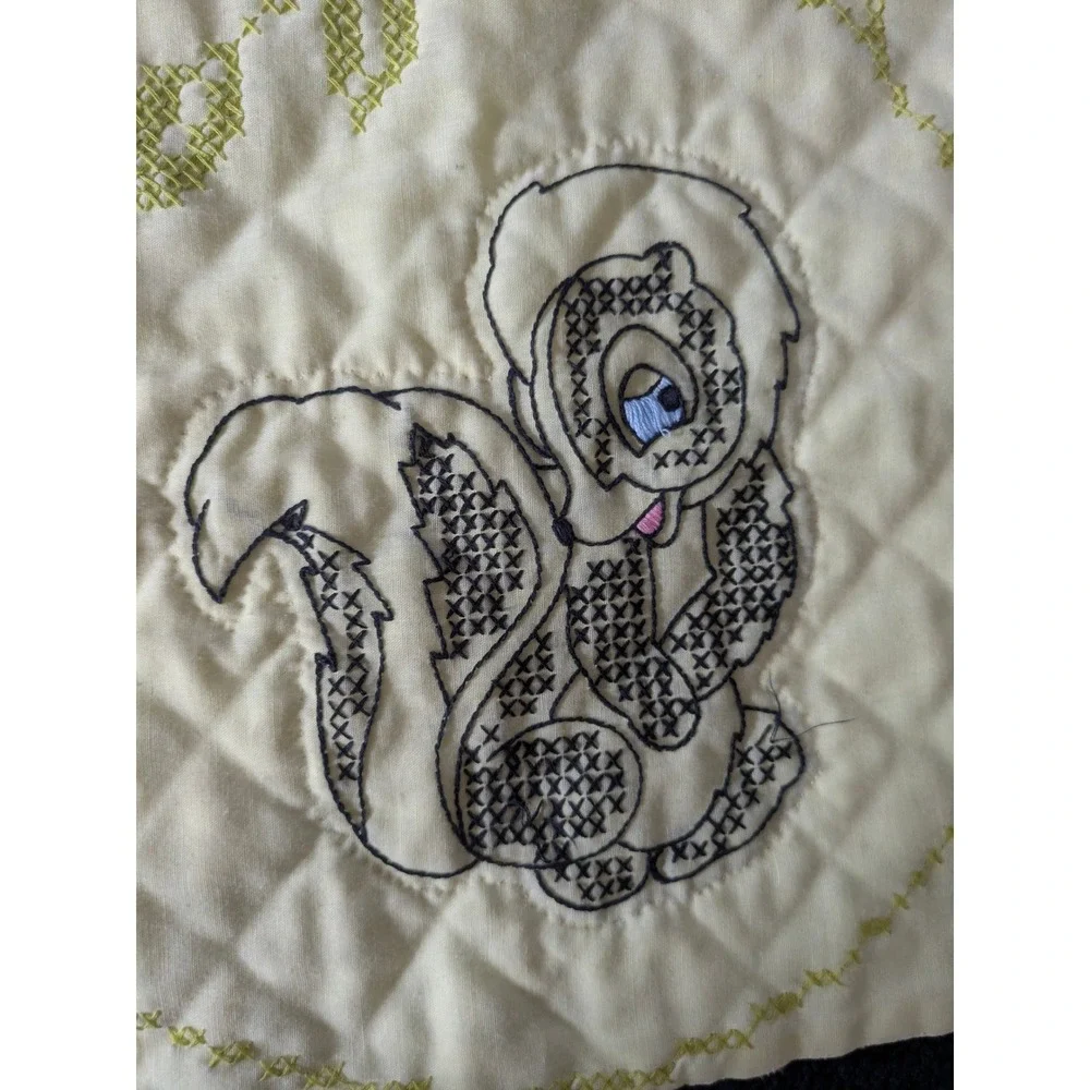 Vintage Disney Bambi Thumper Flower Embroidered Baby Quilt Cream Yellow 30x43